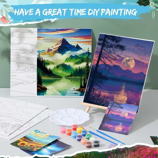 16 Sets Pre Sketched Coloring Canvas with Easels and Brushes (8x10 Inch, Landscape) {5}