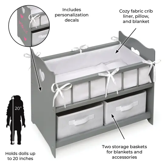 Badger Basket Doll Crib with Two Baskets and Free Personalization Kit - Executive Gray {3}