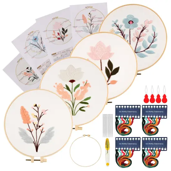Maydear 4 Sets Embroidery Kit Punch Needle Kit,Embroidery Kit for Beginners Cross Stitch Kits with Embroidery Hoop and Instructions, Hand Embroidery Starter Kit for Adults (Four Flowers) {1}