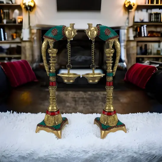 Brass Parrot Wall Hanging Diya with Chain Annam Hanging Idol Oil Lamp Diya for Home Temple Mandir Office Diwali Decor Kathu Vilakku Puja Diya - Deepawali Housewarming Return Gift {2}