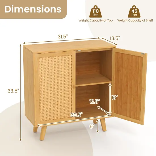 Natural Wicker PE Rattan Sideboard Cabinet with 2 Doors, Raised Base and Non-Slip Pads {3}