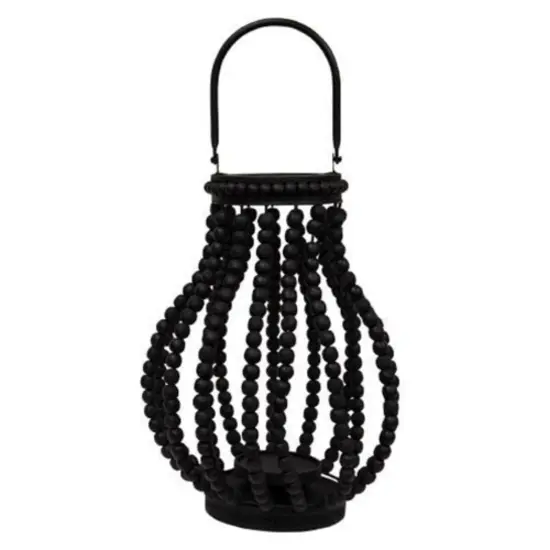 Sorrento Lantern 13.75" with Wooden Bead Frame and Metal Handle for Display {1}
