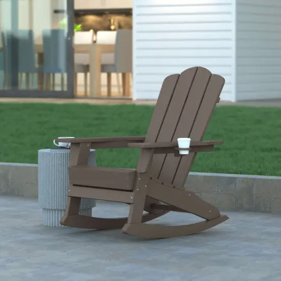 Emma and Oliver Tiverton Adirondack Rocking Chair with Cup Holder, Weather Resistant HDPE Adirondack Rocking Chair Brown {1}