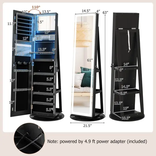 Black MDF Glass 4-in-1 Rotating Jewelry Cabinet with Mirror and LED Lights {2}