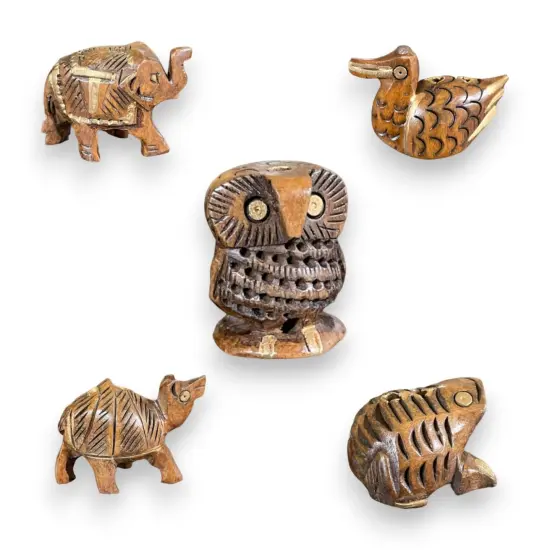 Set of 5 Wooden Animal Handmade Showpiece, Elephant, Duck, Owl, Frog & Camel {1}