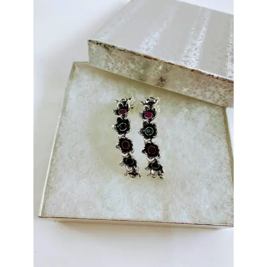 Indian Oxidized Half-Hoop Earrings for Women - Oxidized Flower Huggie Hoop Earrings Bohemian Inspired Half-Circle Design Bollywood Style Ear Jewellery for Bridesmaid | Birthday Gift for Her {6}