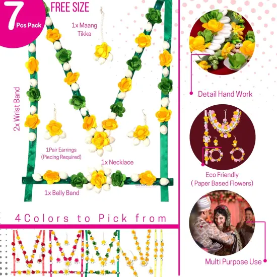 Flower Designer Jewelry Set for Women Handmade Necklace with Earrings Maang Tikka Wristbands Waistbelt Indian Artificial Jewelry for Haldi Mehndi Wedding Party Bridal Pink {6}