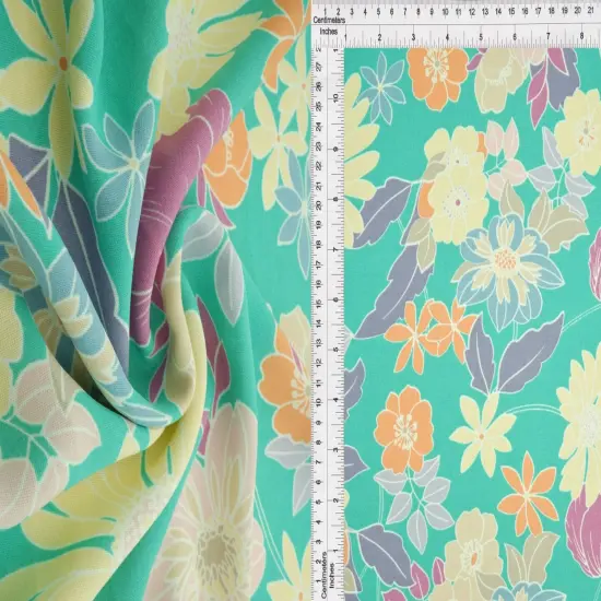 1 Yard Cey Flower Print Fabric, 58/59&Prime; Wide 100% Polyester JADE {1}