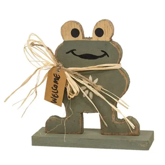 Green Wood Frog Figurine with Distressed Finish, Raffia Bow and Welcome Tag {1}