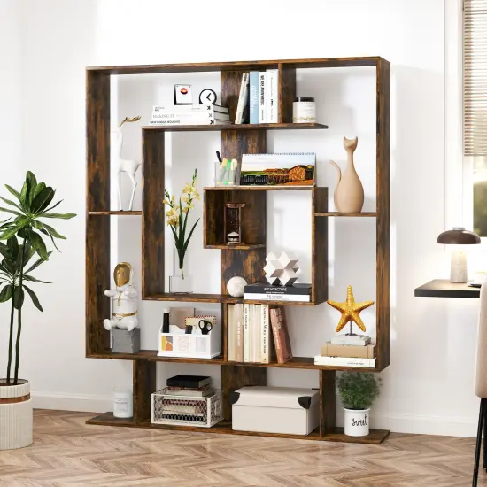 Rustic Brown Engineered Wood 7-Tier Bookshelf with Anti-Tip Kit and Geometric Design {2}