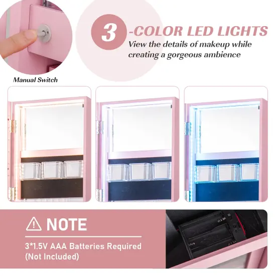 Pink MDF Freestanding Jewelry Armoire with Mirror, LED, Tray and Storage {2}