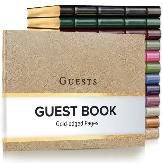 Gallery Leather Guest Book Special Events, add Photos, 192 Lined Pages, Bonded Leather, Hardcover, Gold-Gilded, Guestbook Floral latte {1}