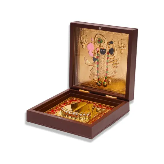 Gold Plated Shri Nath Ji Photo Frame with Charan Paduka for Housewarming Baby Shower Return Gift Worship Pooja Room Decor Hindu God Religious Shreenathji Krishna Prayer Box Momento Gifts {7}