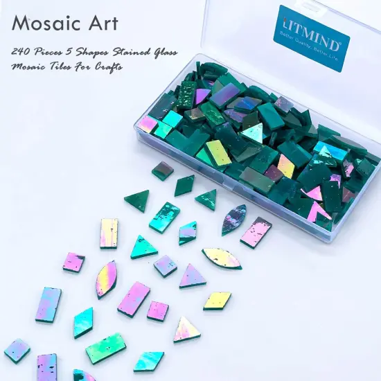 LITMIND Turquoise Iridescent Stained Glass Mosaic Tiles for Crafts - 240 Pieces, 5 Shapes Mixed (Rectangle, Triangle, Rhombus, Square, Leaf) - Ideal for Mosaic Making Projects and Beginners {6}