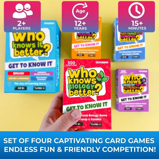 QUOKKA Board Games for Kids 8-12 and Family - Set of 4 Who Knows It Better? - 2000+ Questions Across Biology, Culture, STEM and Math - Educational Trivia Cards for Learning and Game Night {2}