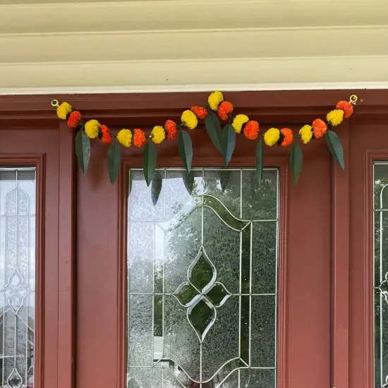 Marigold Mango Leaf Door Toran Hanging Valance Festival Marigold Garland Window Indoor Outdoor Decor Bandarwal Pooja Decor Wedding Favor Diwali Decor {2}