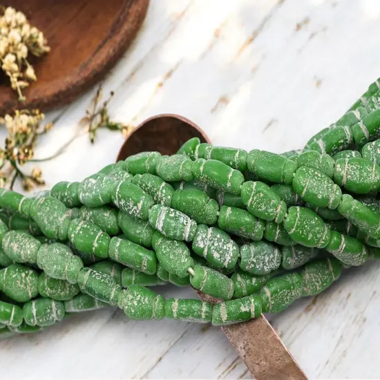 14x8mm Rustic Aged Opaque Green Indonesian Java Glass "Bottle" Beads (18" Strand) {3}