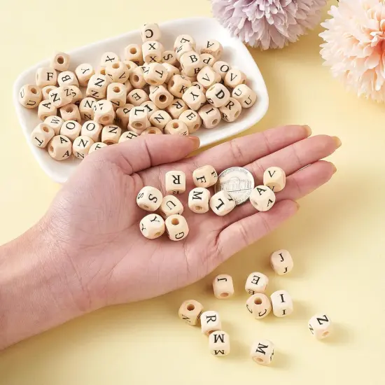 Cube Wood Beads with Initial 26 Letters (PapayaWhip#10mm) {3}