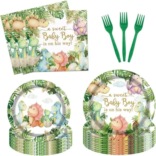 96Pcs Dinosaur Baby Shower Party Tableware Supplies,Serve 24 Guests {1}