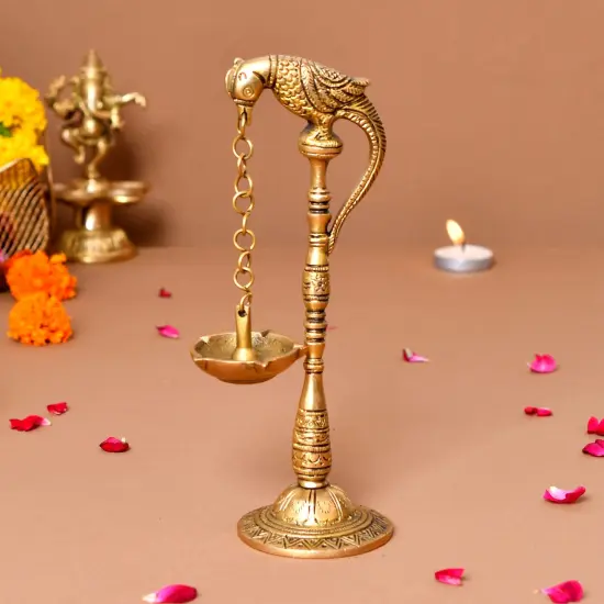 2 Pc Parrot Brass Oil Diya Kerala Samai Puja Diya Traditional 7.5 Inches Bird Pair Hanging Chain Oil Lamp Hindu Religious Kathu Vilakku Deepak for Home Temple Diwali Decor Housewarming Gift {6}