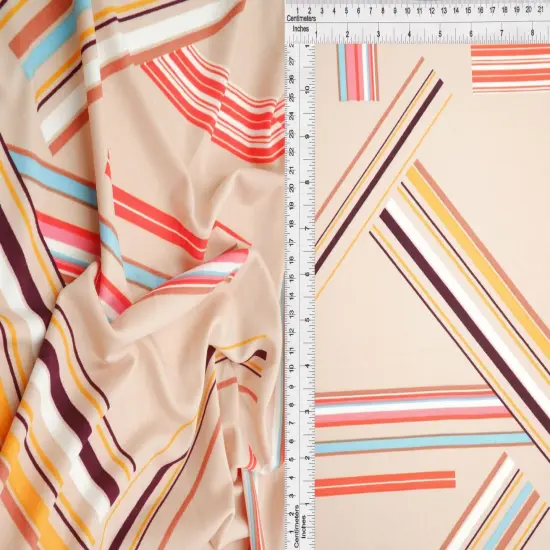 1 Yard DTY Multi Stripe Geo Print Brushed Knit Fabric Lightweight Polyester Spandex 58/59 Inch Wide SAND {1}