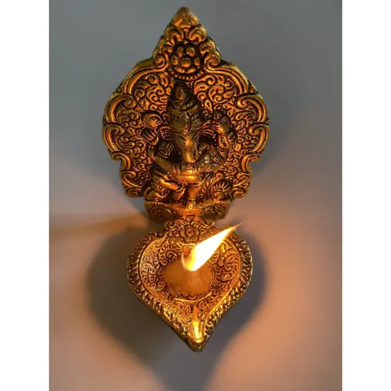 Ganesha Brass Finish Diya for Puja God Ganesh Idol Oil Lamp Deepam Akhand Jyot Kuber Deepak Diwali Home Decorations Mandir Temple Decor Vilakku Deepawali Housewarming Wedding Return Gifts {7}