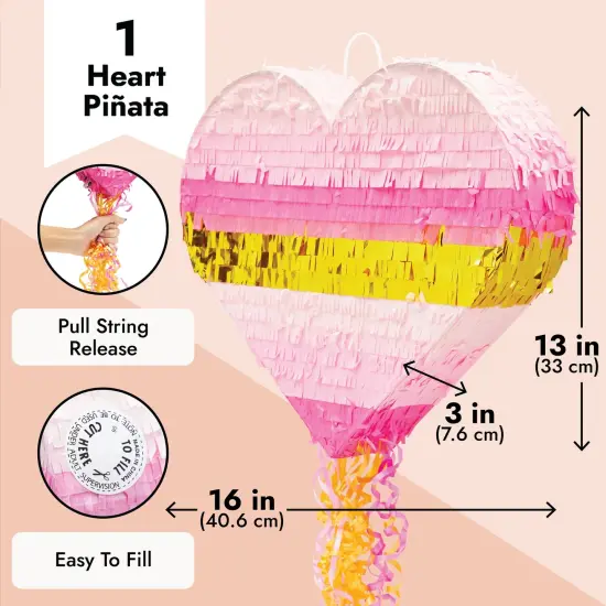 Sparkle and Bash Pink and Gold Ombre Pull String Heart Pinata, Ideal for Birthday Party Decorations & Supplies, Quinceanera, Valentine's Day (16 x 13 x 3 In, Small), Ages 3-14 {3}
