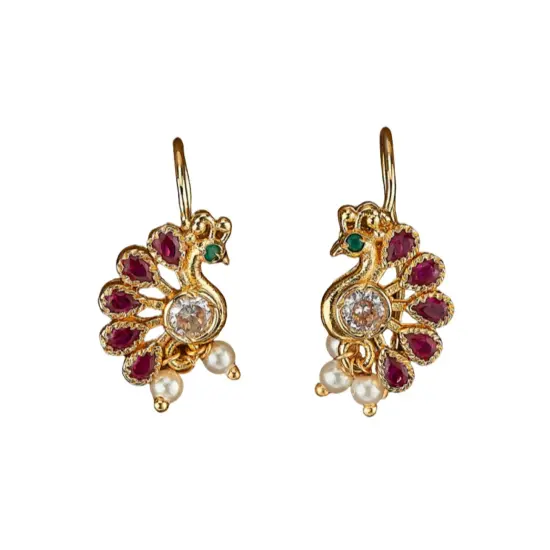 Indian Peacock Earrings for Women - Indian Jhumka Earrings for Women Small Tops Earring in Golden Tone Faux Pearl Bollywood Style Dangle Earring Chandelier Jhumki Jewelry for Bride RubyGreen {6}