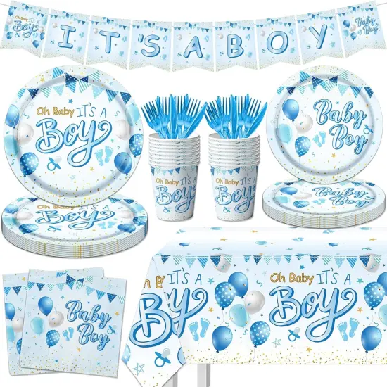 It's a Boy Baby Shower Party Supplies with Baby Boy Plates Napkins Cups Banner Tablecloth {1}