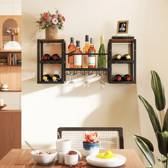 Heavy-duty Wall Mounted Wine Rack with Glass Holder Metal Frame 8-Bottle Holder-Rustic Brown {1}