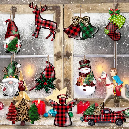 JOPHMO 24 Pieces Christmas Wood Ornaments Snowflake Gnome Snowman Truck Wooden Hanging Ornaments Christmas Tree Cutouts Wood Crafts Holiday Decor Xmas Party Supplies (Xmas-Mixed-A) {4}