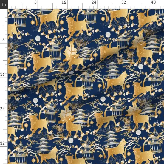 Various Fabrics by the Yard or Fat Quarter Year Toile Chinoiserie Lunar Japanese Pagoda Gold Blue Chinese Spring Landscape Custom Printed Fabric by Spoonflower {1}