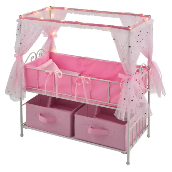 Badger Basket Starlights Metal Doll Crib with Canopy, Bedding, Storage and LED Lights - Pink/White/Stars {1}