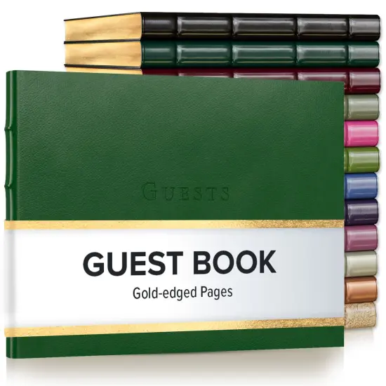 Gallery Leather Guest Book Special Events, add Photos, 192 Lined Pages, Bonded Leather, Hardcover, Gold-Gilded, Guestbook Monhegan emerald {1}