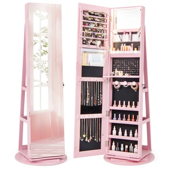 Pink MDF Freestanding Jewelry Armoire with Mirror, LED, Tray and Storage {1}