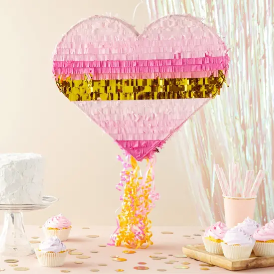 Sparkle and Bash Pink and Gold Ombre Pull String Heart Pinata, Ideal for Birthday Party Decorations & Supplies, Quinceanera, Valentine's Day (16 x 13 x 3 In, Small), Ages 3-14 {2}