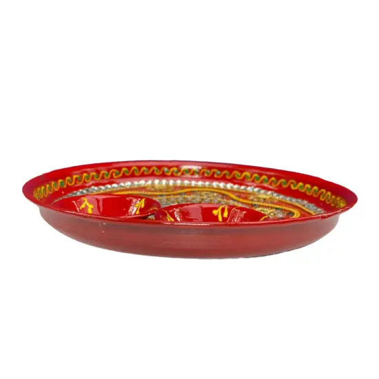 6 Inch Rhinestone Pooja Aarti Thali with Bowls Meenakari Work Red Painted Handmade Platter Haldi Kumkum Thali Ganesha Chaturthi Teej Diwali Puja Thali Housewarming Gift {5}