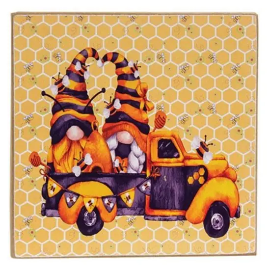 Wooden Bumblebee Gnome Block Sign with Black and Yellow Truck Design {1}