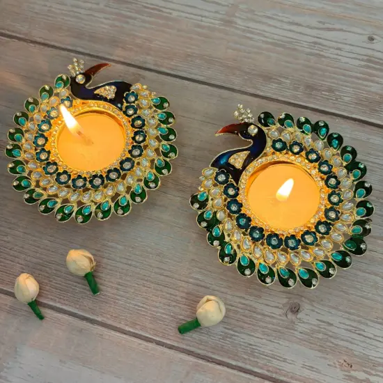 Peacock Tealight Candle Holder Festival of Light Decorative T-light Holder for Diwali Christmas Hanukkah Thanksgiving Gift Moti Candle Holder for Centerpiece Dining Table Home Decor {3}
