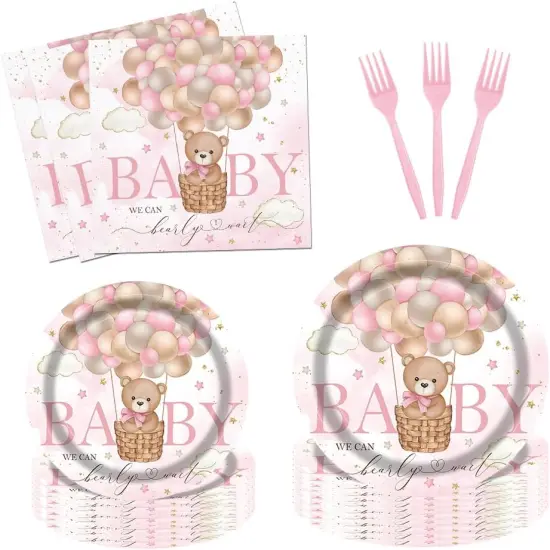 96Pcs Bear Baby Shower Party Tableware (Pink) {1}