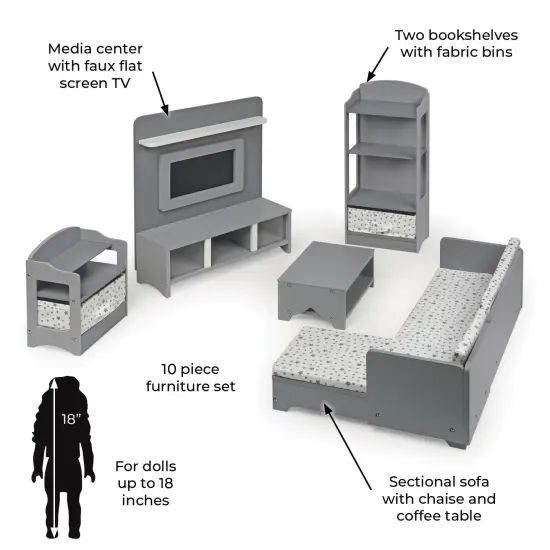 Badger Basket Media Room Furniture Set for 18 inch Dolls - Gray/White {3}