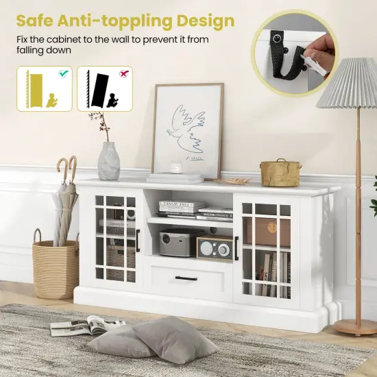 TV Stand for TVs up to 70 with Glass Doors Cubbies and Drawer-White {3}