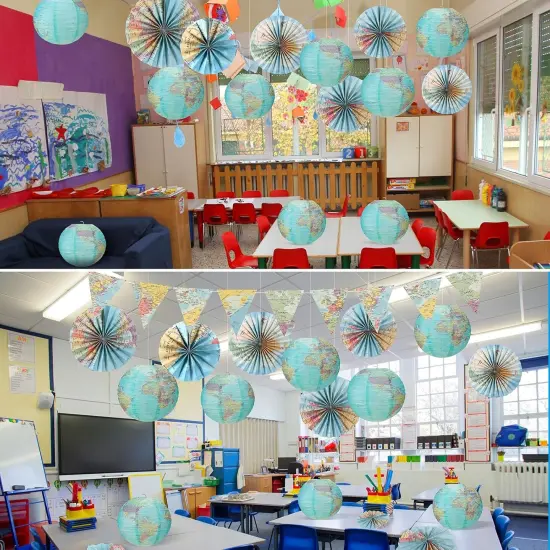 19 Pcs Map Classroom Decorations Travel Themed Party Decorations Globes Hanging Paper Lantern Fans Triangle Flags {3}