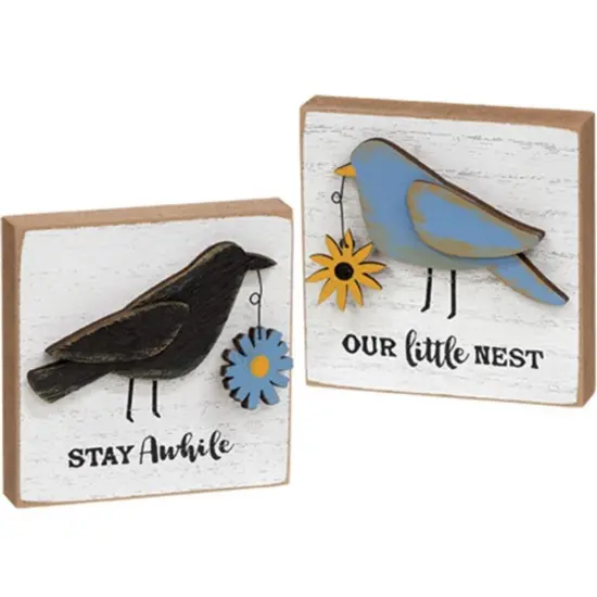 Distressed White Wooden Wall Blocks with Keyhole Hanger and Rustic Bird and Crow Decor2 Asstd. {1}