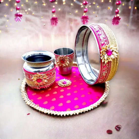 Karvachauth Thali, Karva Chauth Thali, Daughter in Law Gift, Gift for Daughter, Gift for Wife, Karwa Chauth Gift, Karwachoth, Puja Thali Set, Sargi Gift Pink {2}