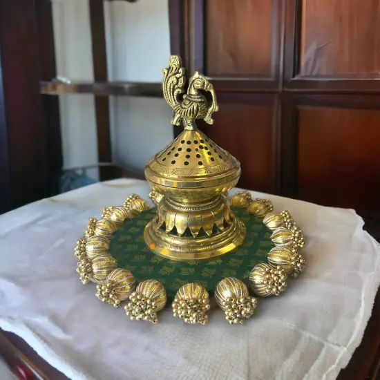 Reversible Patola Platter Brocade Fabric Handmade Centerpiece Mat-Floor Rangoli Diwali Housewarming Gift Home Temple Table Decor Mehendi Thaal Decor Puja Thali - Asan for God Goddess Green {4}