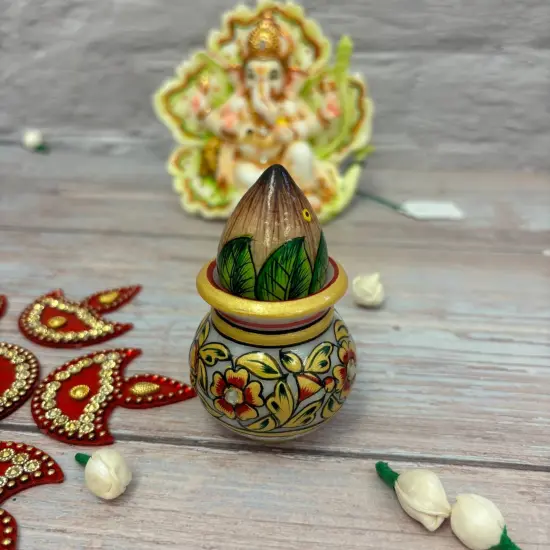 White Marble Kalash Indian Mini Mangal Kalash Decorated Coconut for Wedding Shagun Decorative Nariyal for Wedding Pooja Indian Festival Housewarming Gifts (3 Inches) {6}