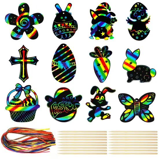 Wrapables 36pc Rainbow Scratch Arts Ornaments, DIY Magic Scratch Arts and Crafts, Easter {1}