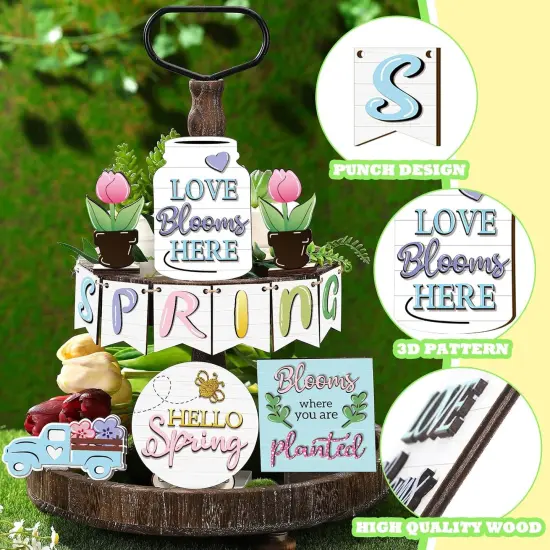 12 Pcs Spring Tray Decor Set Hello Spring Decor Wooden Truck Tulip Flower Table Signs Rustic Farmhouse Spring Decorations for Home Kitchen Tabletop Holiday Party Decor {3}