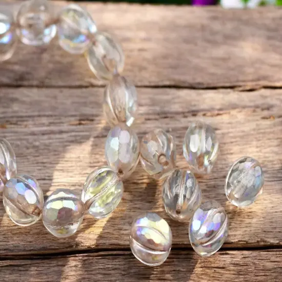 *12* 10mm Metallic Beige Washed Crystal AB Faceted Round Melon Beads {2}